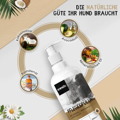 Conditioner für Hunde & Katzen - 500ml Spülung - Mit Kokosöl & Avocadoöl - Für Langhaar & Kurzhaar - Bei Juckreiz, Geruch & trockene Haut - Schonende Fellpflege für Kätzchen & Welpen - Ohne Parfüm
