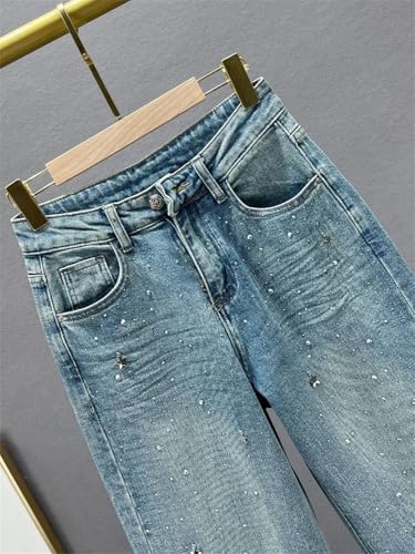 Women's High Waist Washed Rhinestones Jeans Summer Loose All-Matching Straight-Leg Pants4