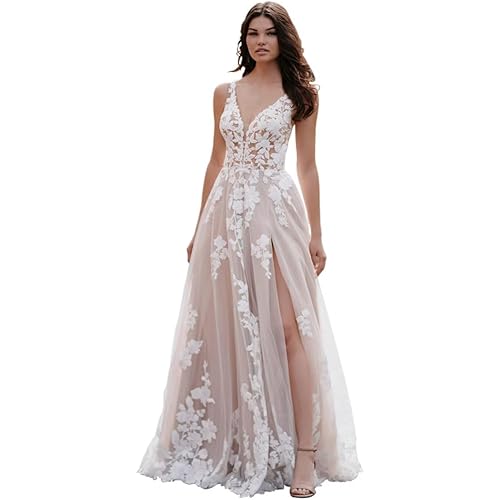 Loyeloy Women's Wedding Dresses for Bride 2025 Sexy V Neck Slit Lace Bridal Wedding Gowns for Bride YJ010