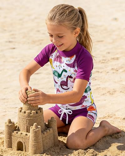 Image of AIDEAONE Girls Rash Guard Swimsuit Short Sleeve Two Piece Bathing Suit Size 3-12T