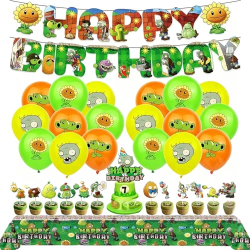 47Pcs Plants vs Zombies Party Supplies Set Birthday Decoration Kit with Banner Cake Topper Tablecover Balloons for Theme Party