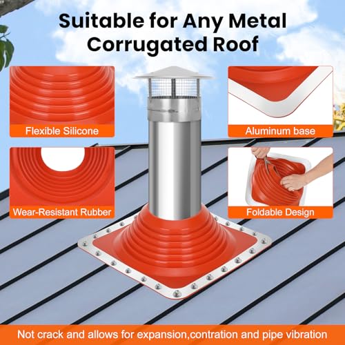 #8 Metal Roof Pipe Flashing Boot, Metal Roofing Pipe Flashing Boot Fits Pipe OD 7" to 13" Wide, Includes Flexible High Temp Silicone Chimney Boot, Hex Socket x2, Roofing Screw x50, Square Base, Red by Sobalai - Image 5