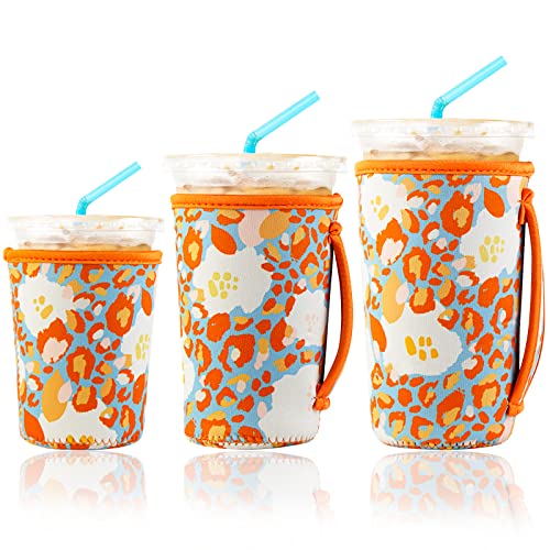 Image of KJQJLY 3 Pack Reusable Iced Coffee Sleeves for Iced Coffee Cups or Drinks Reusable Neoprene Insulated Sleeves for Hot and Cold Drinks from Starbucks, Dunkin, And More (Summer Abstract Flower)