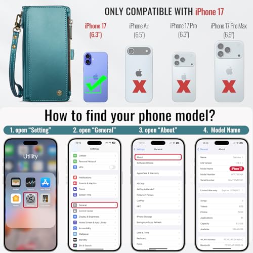 Defencase Compatible with iPhone 17 Case Wallet with RFID Blocking Card Holder for Women and Men, Fashion PU Leather Magnetic Snap Flip Zipper Strap Wallet Phone Case for iPhone 17 6.3", Blue Green by Defencase - Image 2