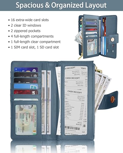 Image of Blue Women's Trifold Wallet,Large Capacity RFID Long Wallet | 16 Card Slots,2 ID Windows,4 Bill Compartments,Vegan Leather,Double Zipper Pockets,Large Capacity Organizer