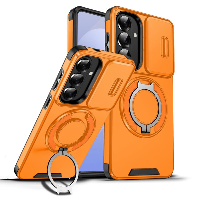 Image of LuxuryKase Shockproof Rugged Case for Samsung Galaxy S26 Plus | Slide Camera Cover | 360 Rotating Ring Kickstand | Military-Grade Protection - Sunset Orange