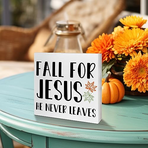 Image of Fall Table Wooden Box Sign Decor, Fall for Jesus He Never Leaves, Autumn Christian Table Decorations for Home Office Harvest Thanksgiving Desk Decor