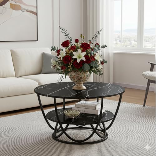 Image of Shoppee Coffee Table - Modern 2-Tier with Faux Marble Top and Gold Metal Frame - Stylish Center Table for Living Room, Sofa Table, Elegant Cocktail Table for Home, Office, Black & Black