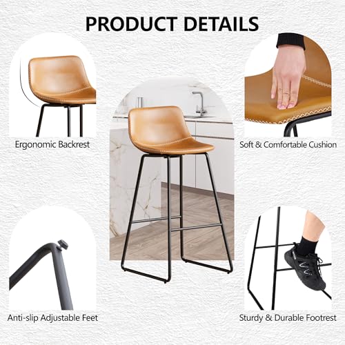 Image of HeuGah Whiskey Brown Bar Stools Set of 3, 26 Inch Counter Height Stools with Back for Kitchen Island, Faux Leather Upholstery, Metal Base