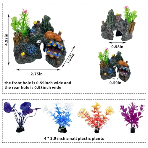 Image of PINVNBY Aquarium Coral Reef Decor Resin Fish Tank Decorations Rock Mountain Cave Ornaments for Goldfish Betta Fish Sleep Rest Hide Play Breed with 4 PCS Aquatic Plants (Small Size)