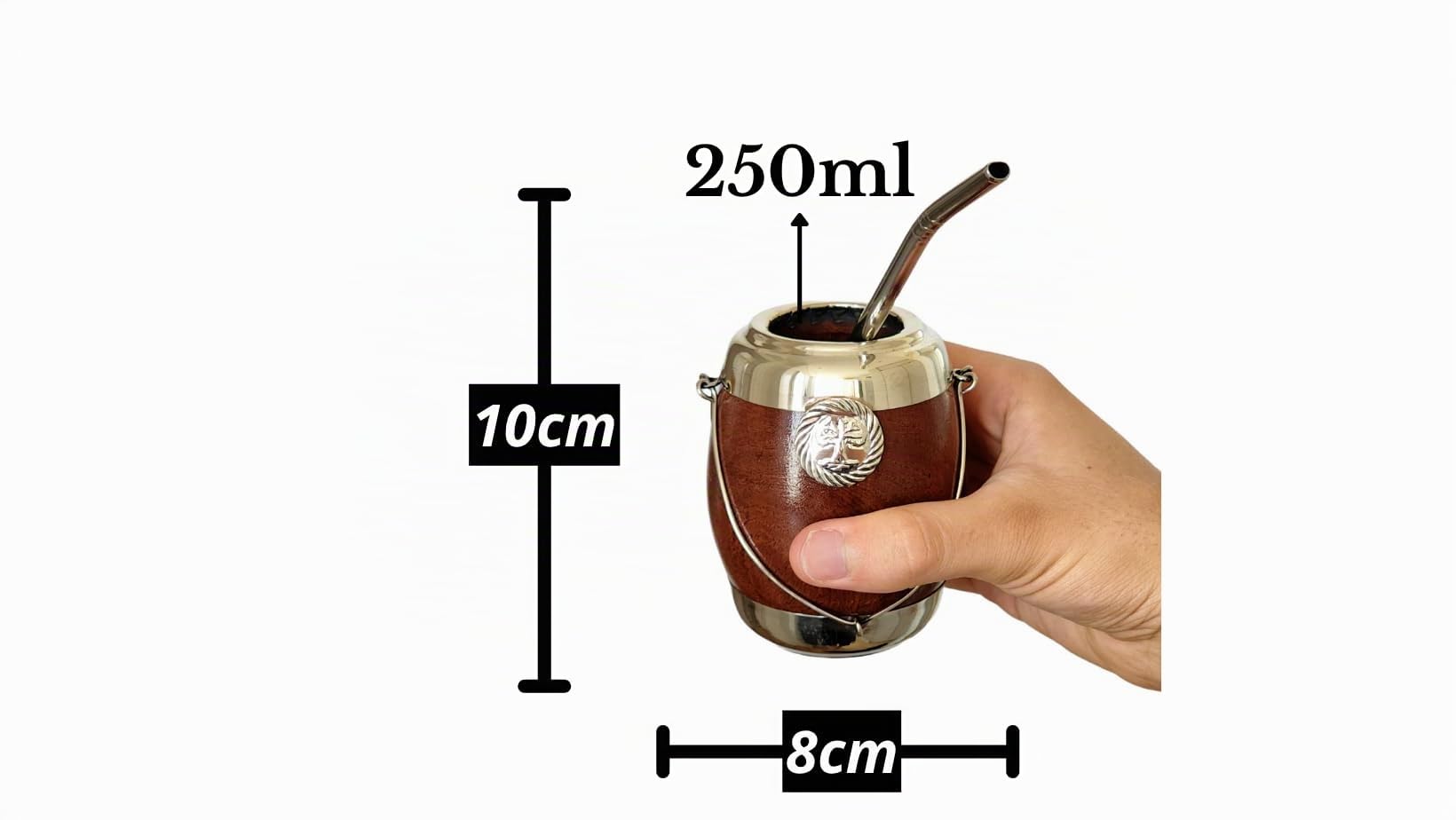Taza Mate Madera Caldén Argentino, Mate Hecho de Madera de Caldén con Rebubrimiento de Alpaca (Plata Alemana), Diseño Árbol de la Vida.