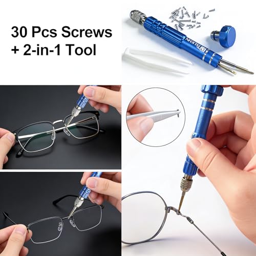 Image of PTSLKHN Eye Glass Repairing Kit, S2 Steel Screwdriver with 15 Types of Screws, Precision Eyeglass Repair Tool Set (Blue 2in1-screws)