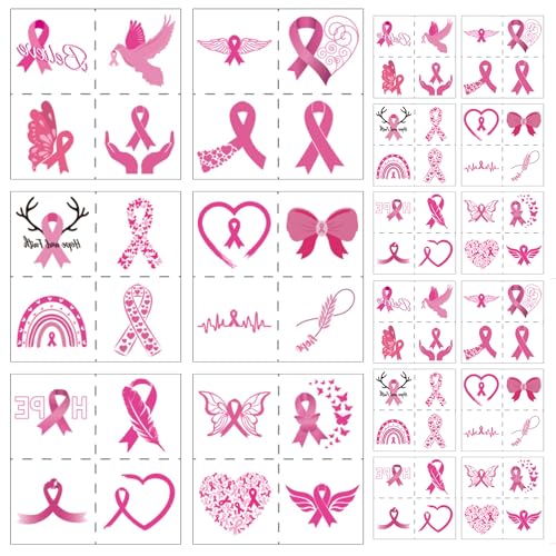 JazSwirl Breast Cancer Awareness Temporary Tattoos Pink Ribbon Fake Tattoo Stickers Waterproof 3.15 Inch 18 Pack for Adults Support Fundraising Events Race Walk Marathon Party Decorations