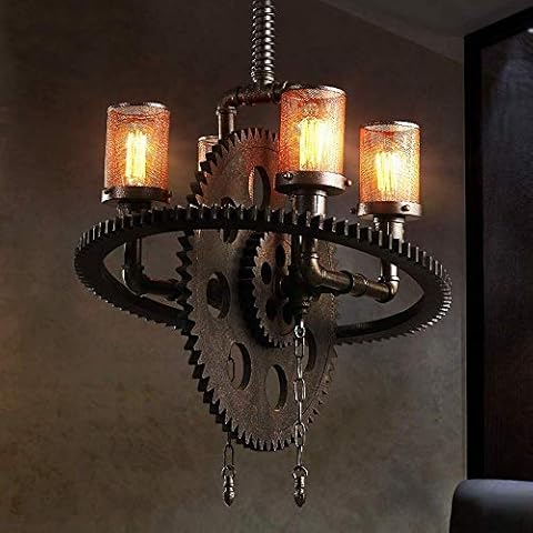Liunce 4-Lights Vintage Loft Water Pipe Industrial Chandelier Retro Steampunk Wrought Iron Pendant Light Metal Gear Hanging Ceiling Light Lamp Cover