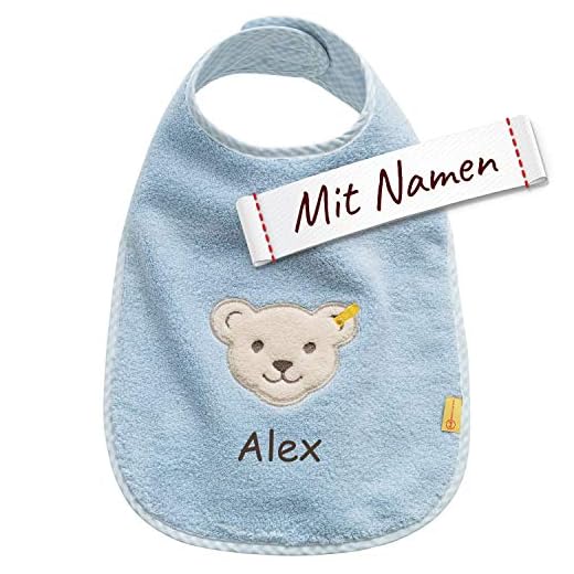 Striefchen® Baby Halstuch aus weicher Baumwolle mit Namen in Blau - niedlicher Teddy - ideal als Babygeschenk 5 Steiff Lätzchen bestickt mit Namen, Extra Groß, Junge, Baby Lätzchen/Halstuch/Spucktuch, Babylätzchen personalisiert, Mit Teddy-Bär Motiv, 100% Baumwolle (Blau)