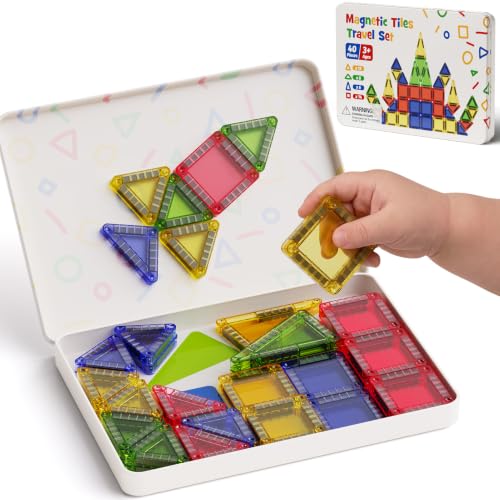 Image of Mini Magnetic Tiles for Kids Travel 60 Mins Quiet Play 30s Cleanup | 40 PCS Cartoon Tin Box Magnet Building Blocks to Stop Crying - Birthday Gift Boys Girls Age 3-8