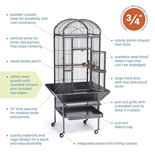 Image of Prevue Pet Products Dome Top Bird Cage - Powder‑Coated Steel Cage with Wheels, Push Button Locks, Seed Guards and Perch, Ideal for Cockatiels, and All Small-Medium Sized Birds - Black Hammertone