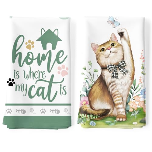 Arquiel Lot de 2 Torchons de Cuisine Le Chat Décoratif Essuie Main Absorbante 100% Coton Printemps Torchon Vaisselle Saisonnier Cadeaux pour Crémaillère et...
