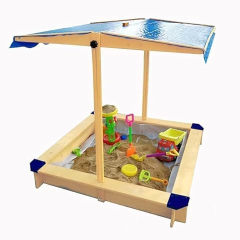 45.3 Inch x 45.3 Inch Covered Wooden Sandbox, Kids Wood Playset with UV-Resistant Canopy Height Angle Adjustable for Home Backyard Beach Outdoor Cover