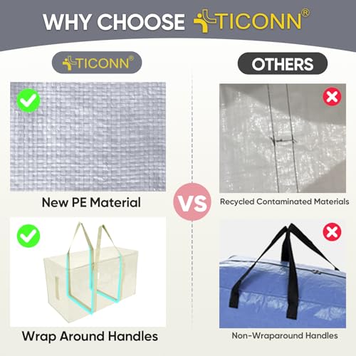 Image of TICONN 6 Pack Extra Large Moving Bags Heavy Duty with Zippers & Carrying Handles, Durable Storage Bags Moving Boxes for Closet Organizers and Storage (6 Pack, Cream)