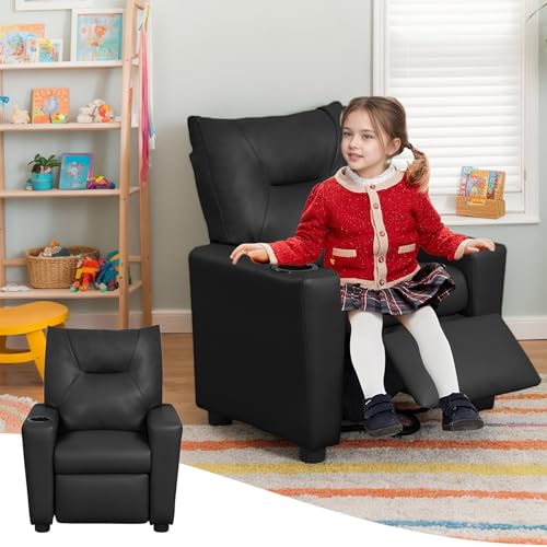 Kids Recliner Chair w/ Cup Holder, Toddler Recliner Chair Ages 1-4, 2-in-1 PU Leather Single Sofa for Boys/Girls, Kids Lazy Boy Chairs, Upholstered Armchair, Adjustable Backrest & Footrest (Black-NEW)