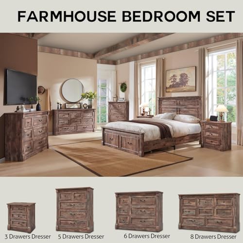 Image of Farmhouse 5 Drawers Dresser for Bedroom, 46 inch Tall Dressers & Chests of Drawers w /Roman Column, Large Storage Dressers Organizer for Bedroom, Hallway, Living Room, Light Brown