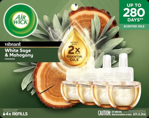 Image of Air Wick Vibrant Plug in Scented Oil Refills, 4 Count, White Sage & Mahogany, Air Fresheners, Essential Oils
