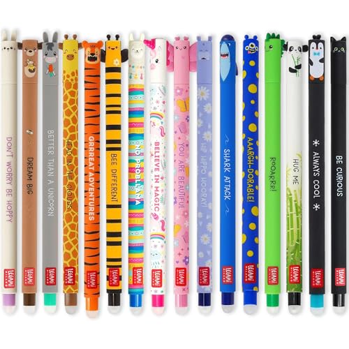 LEGAMI - Set of 16 Erasable Gel Pens with Thermosensitive Erase Ink, 0.7mm Tip, Animal Designs'