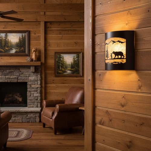 Image of Rustic Bear and Cub with Pine Tree Wall Sconce | Frosted Amber Glass, Lodge Cabin Decor, Woodland Nature Design, Wall Light Fixture