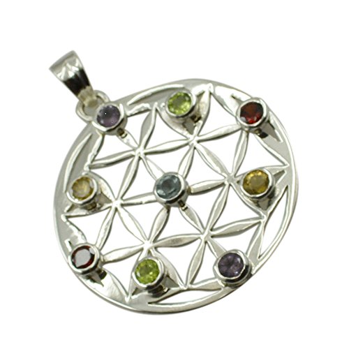 Pendentif Rond Argent et Multi Gemstone Médaillon Fait Main - 3