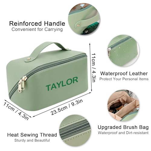 Personalized Travel Makeup Bag, Customized Large Capacity Cosmetic Bag with Printed Name Initials, PU Leather Toiletry Bag for Women, Wide Open Portable Pouch with Divider and Handle, Mothers Day Gift2