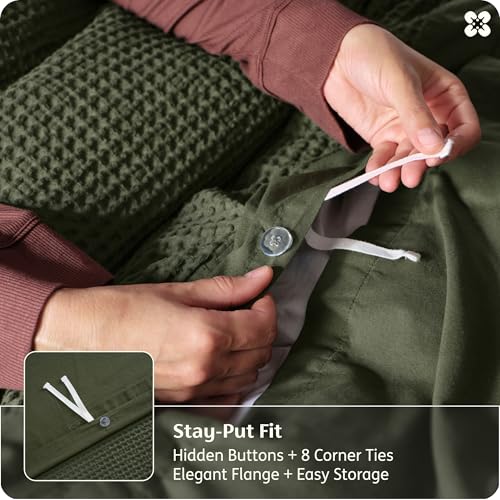 Image of Bedsure Cotton Duvet Cover Queen Size - 100% Cotton Waffle Weave Olive Green Duvet Cover, PureWoven Textured Breathable Bedding Comforter Cover for All Season, 1 Duvet Cover Only 90 inchx90 inch