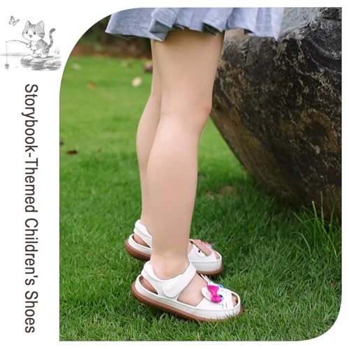 Toddler Girl Sandals with Kitten Fishing Pattern, Little Girls Closed Toe Sandals, Breathable Leather Kids Summer Shoes Ages 2-7 (White, Toddler, 7)3