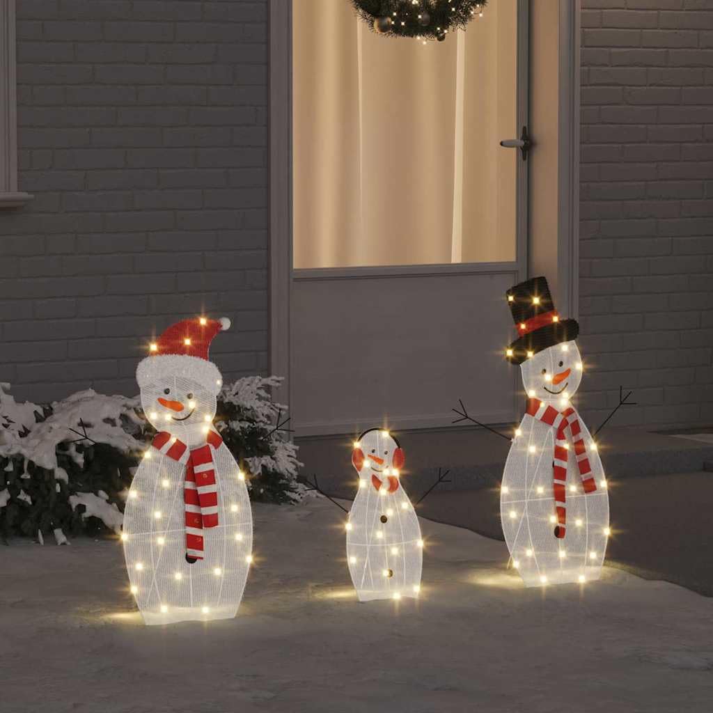 vidaXL Familia de Muñecos de Nieve Iluminados 3 pcs Cálido Poliéster, Sala, Decoraciones de Invierno USB Modernas, Adornos navideños, Luces Festivas y Figuras para el Exterior