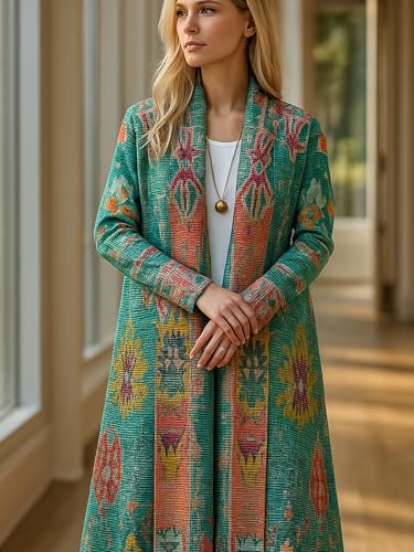Open Front Vintage Print Cardigan for Women Wrinkle-Free Long Sleeve Lapel Collar Long Coat 2025 Fall New4