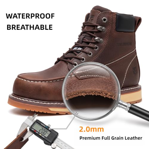 TINLIMHOM Moc Toe Work Boots for Men Soft Toe，Water Resistant Full Grain Leather Upper, Non-Slip Wedge Outsole Construction Work boots Size 10 M(Soft Toe Brown, Adult, Men, 10, Numeric, US Footwear Size System, Medium) - image 3
