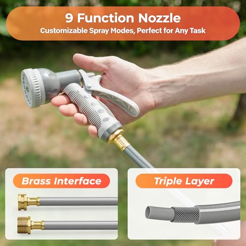 Ayleid Retractable Garden Hose Reel,1/2 in x 100 ft Wall Mounted Hose Reel, with 9- Function Sprayer Nozzle, Any Length Lock/Slow Return System/Wall Mounted/180°Swivel Bracket (Grey)