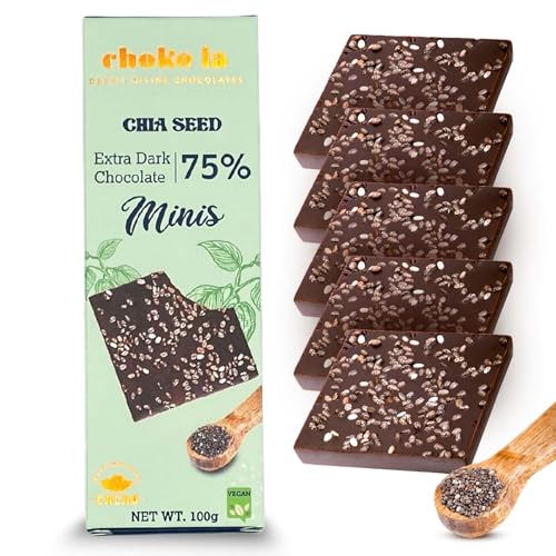 Image of Chokola 75% Dark Chocolate Minis with Chia Seeds - Rich Cocoa, Crunchy & Nutritious Bite-Size Treats, 100g | Gluten-Free & Healthy Snacking