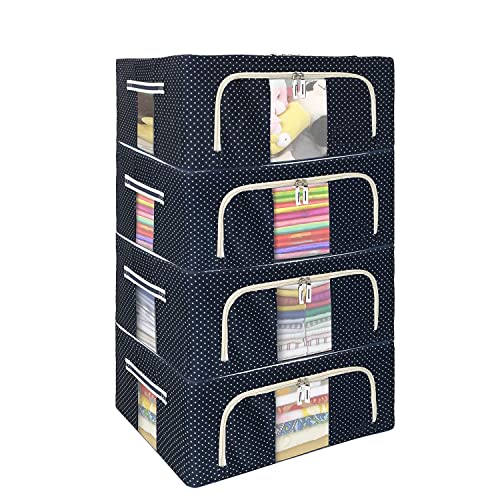 Image of FLYNGO Foldable Steel Frame Clothes Organizer Storage Box For Wardrobe, Saree, Shirts, And Blankets (44 Ltr - Pack Of 4, Oxford Fabric), Blue
