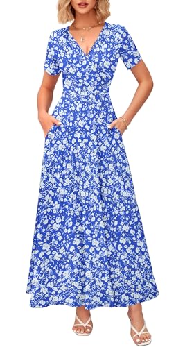 Image of WNEEDU Women's Summer Maxi Dress Short Sleeves Wrap V Neck Long Dresses with Pockets
