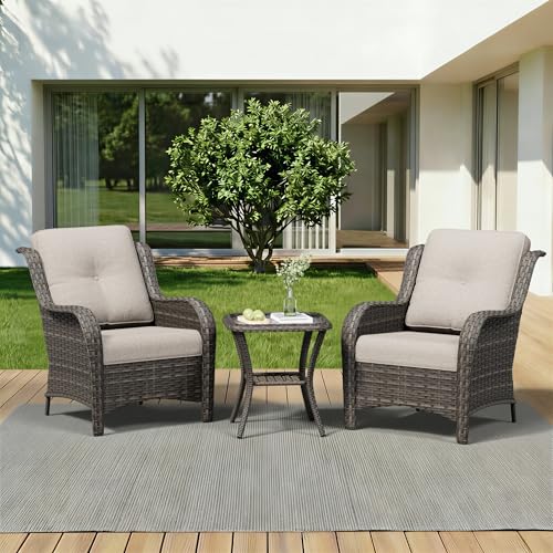 Image of 3 Pieces Outdoor Wicker Patio Furniture Set - Patio Chairs Set with Thickened Olefin Cushions, High Back and Deep Seating, Curved Armrest, PE Rattan for Porch, Deck, Balcony,Beige