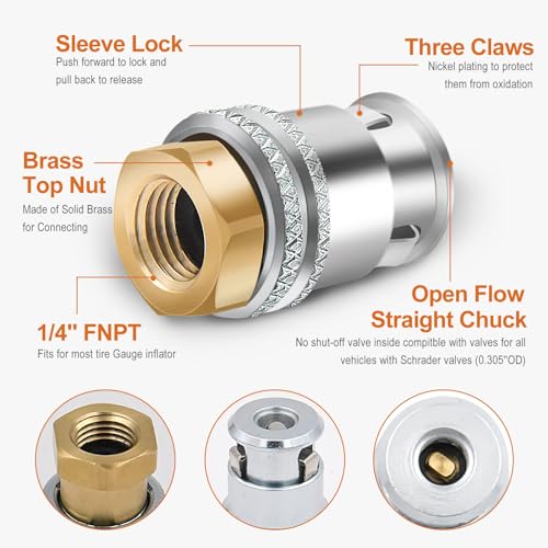MACHSWON Lock On Air Chuck Brass Open Flow Straight Locking Air Chuck Quick Connect 1/4'' FNPT Tire Chuck for Pressure Gauge Tire Inflator Compressor Accessories - Image 2