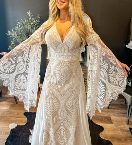 YMFFW Lace Wedding Dresses Boho for Women Mermaid V Neck Bridal Dress Tassel Fringe Sleeves Bohemian Wedding Gowns3
