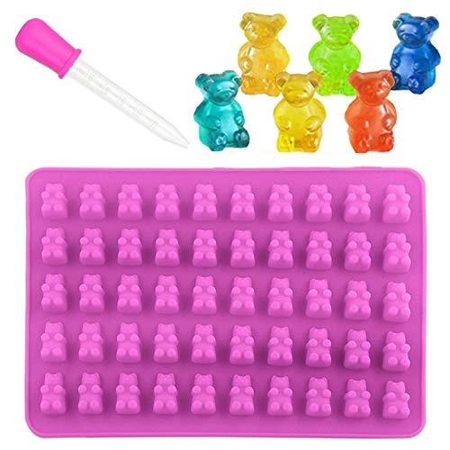 Moule en Silicone Ourson, Moules à bonbons en silicone , petits bacs à glaçons, chocolat, moule à gâteau, 50 cavités avec compte-gouttes en bonus (bleu, rose, vert) (rose) Cover