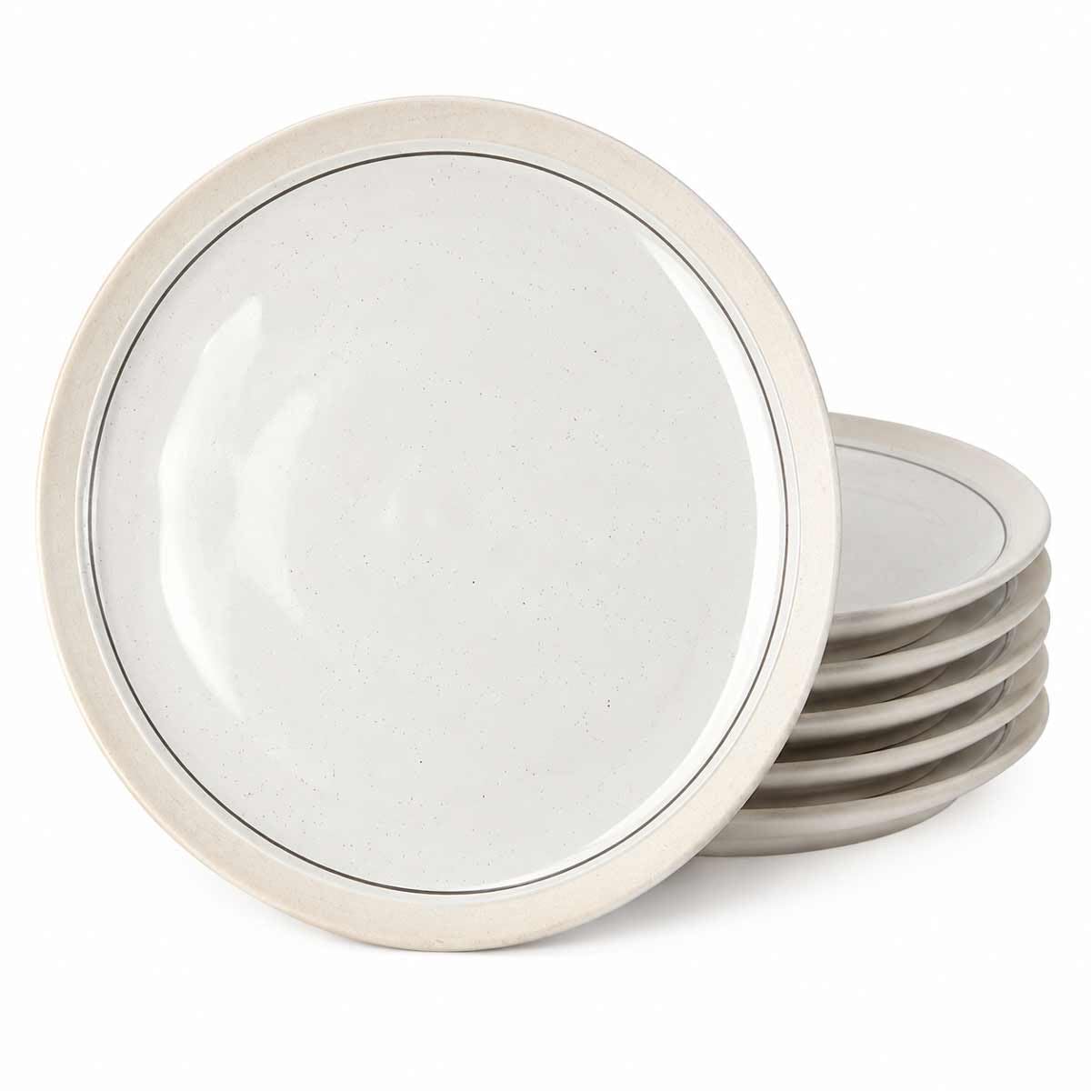 8 Inch Ceramic Dessert Plates Set of 6, Retro Speckled White Salad Plates with Brown Rim, Vintage Round Porcelain Side Plates, Stackable Microwave Dishwasher Safe Appetizer Plates for Party, Kitchen