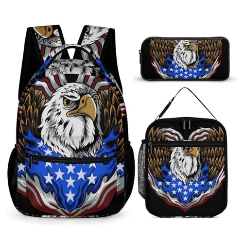 Travel Bookbag Set with Lunch Bags and Cosmetic Bag American Flag USA Cool Bald Eagle Pattern (6) Backpack with Lunch Box Storage Bag Backpack Bookbag Set