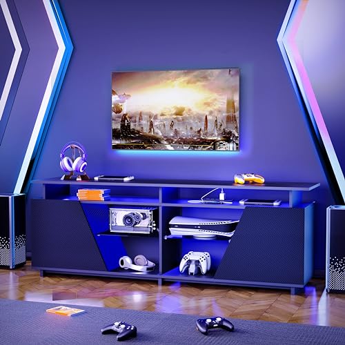 Jiansu furni,TV Stand for 75 Inch TV,Gaming Entertainment Center for PS5 with Power Outlet,LED TV Stand with Glass Shelves for Living Room,Bedroom67'' (Black)