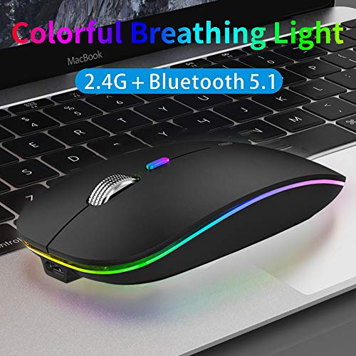 Tenmos Wireless Bluetooth Mouse, Led Slim Dual Mode (Bluetooth 5.1 + Usb) 2.4Ghz Rechargeable Silent Bluetooth Wireless Mouse With Type C Adapter For Laptop/Macbook/Ipad Os 13 And Above (Matte Black) #TOP1