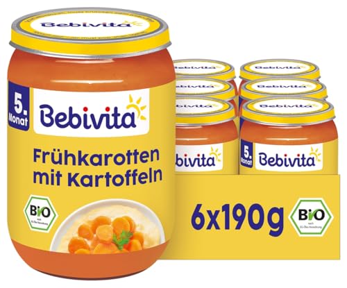 Bebivita Bio Frühkarotten mit Kartoffeln (6 x 190g), ab 5. Monat, ohne Salzzusatz, das Gemüse-Gläschen ideal zum Beikost-Start