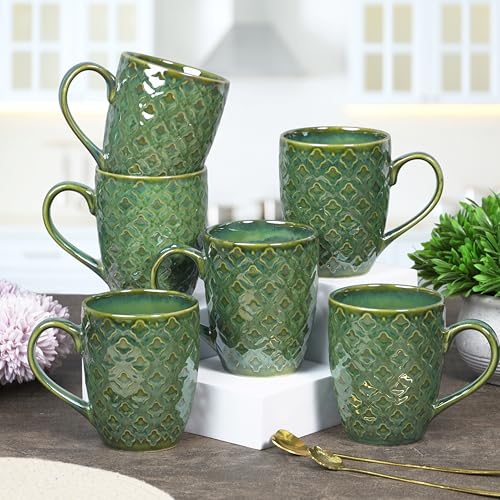 Image of CRAF10 Glaze Studio Ceramic Coffee /Tea Mugs - Set of 6, 330 ML Each, Elegant & Durable, Reactive Glaze, Microwave & Dishwasher Safe, Jade